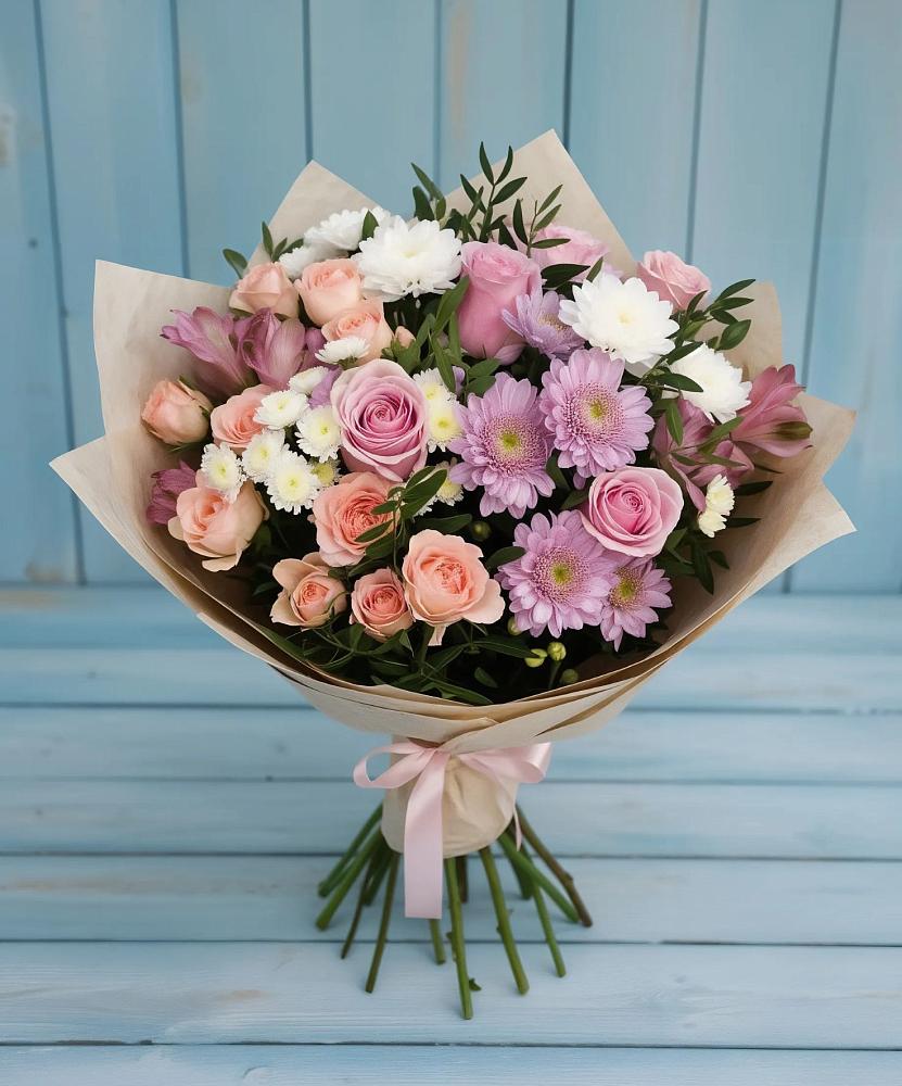 Букет цветов из: Хризантемы, Розы и Альстромерии в Большеустьикинское