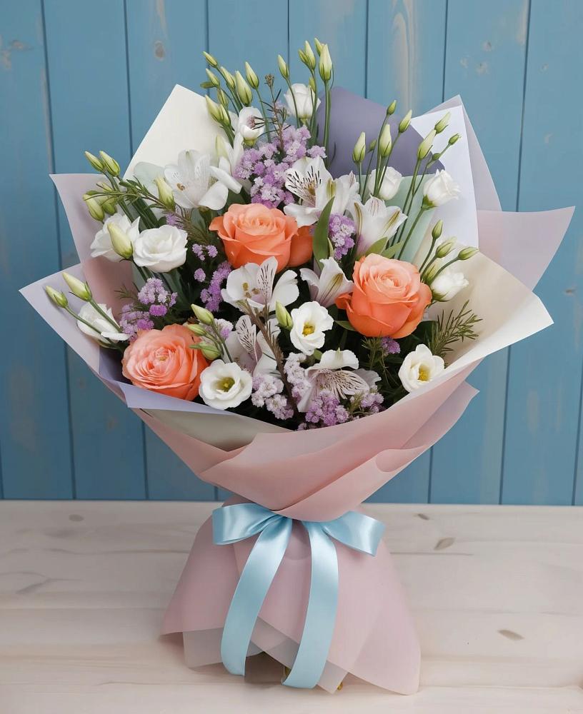 Букет цветов из: Лизиантусы, Розы, Альстромерии и Гипсофила в Большеустьикинское