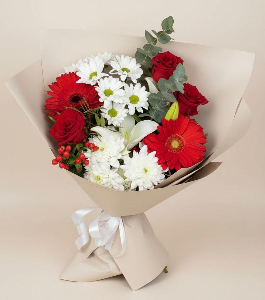 Букет цветов из: Розы, Хризантемы, Герберы и Лилии в Большеустьикинское