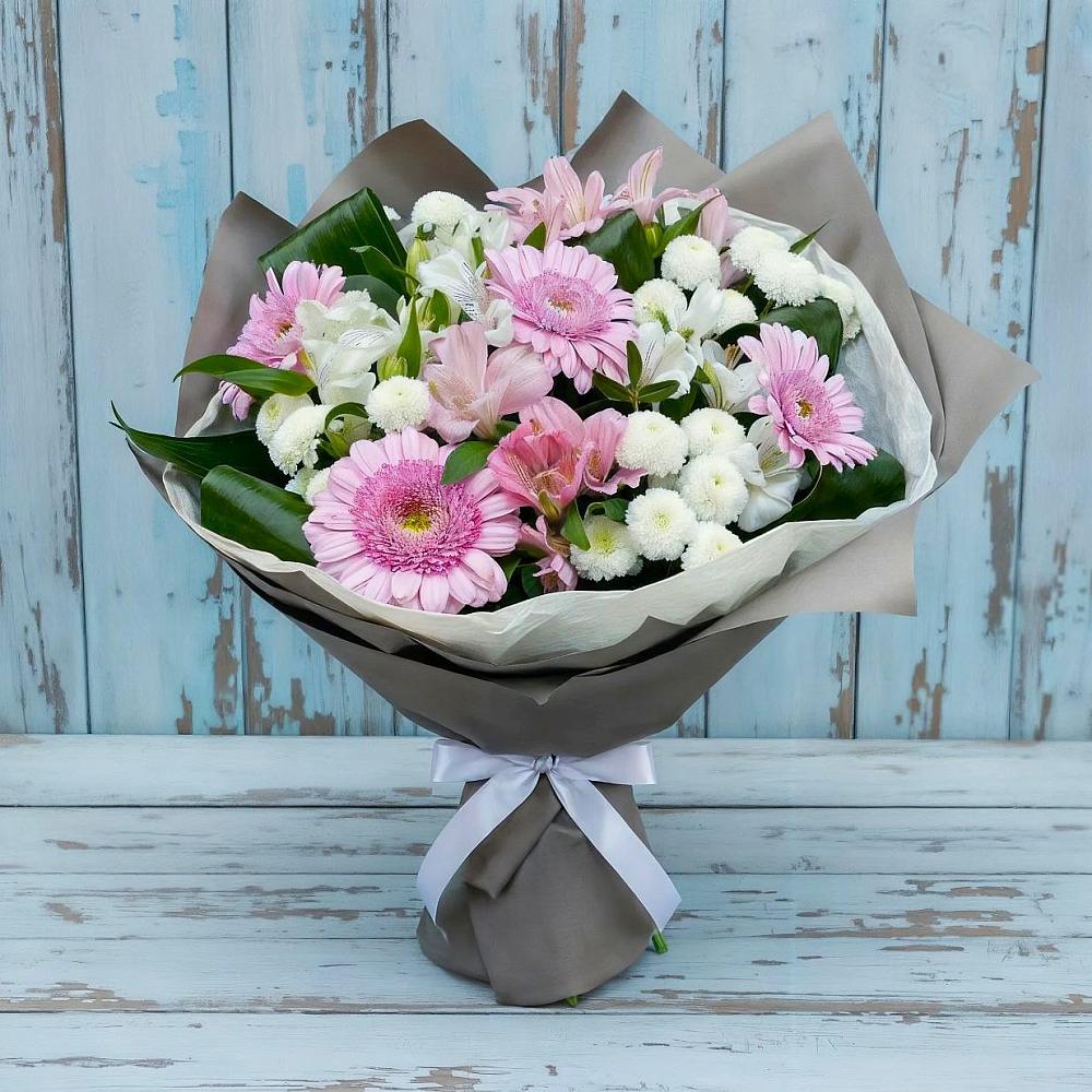 Букет цветов из: Герберы, Альстромерии и Хризантемы в Большеустьикинское