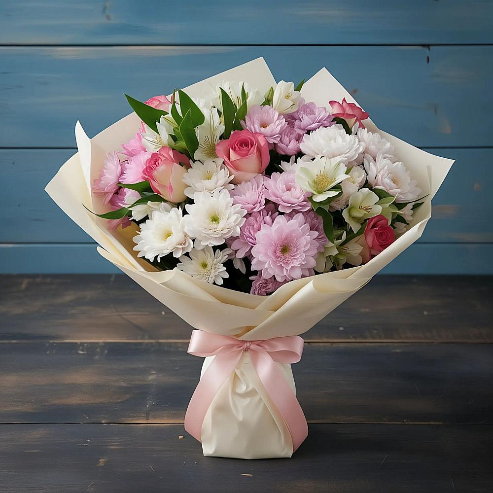 Букет цветов из: Хризантемы, Альстромерии и Розы в Большеустьикинское